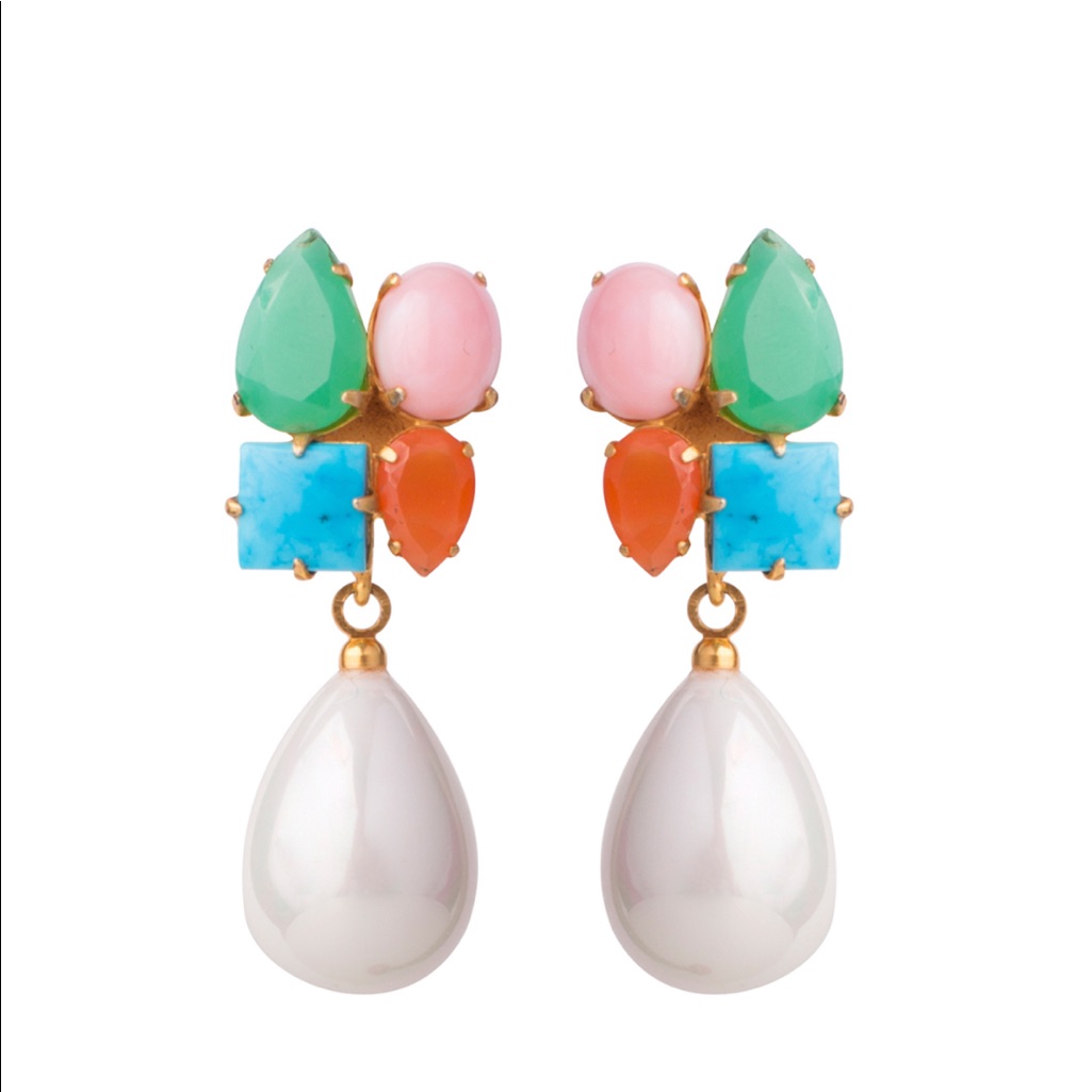 Turquoise Cluster & Shell Pearl Earings.